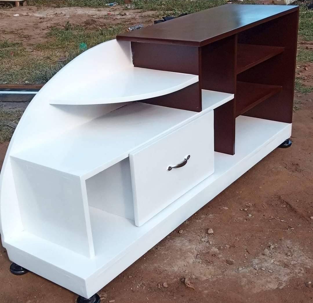 Modern white and mahogany curved TV stand with drawer and shelves